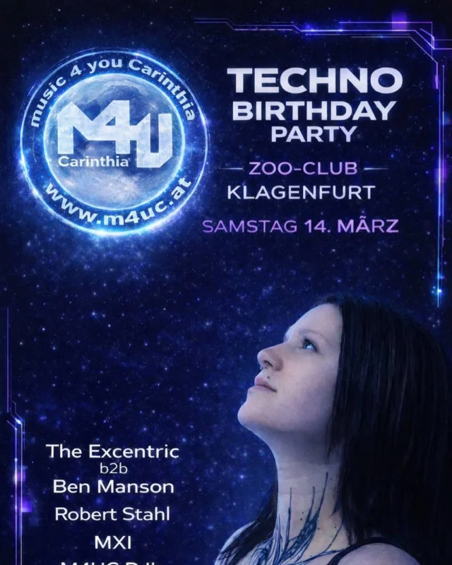 Techno all night long im Zoo-Club Klagenfurt ⚠️
Die DJ‘s von M4U nehmen euch auf eine einmalige Techno-Reise mit. Druckvoll. Melodisch . Direkt. ⛓️
‼️ FREE ENTRY ‼️
Samstag 14. März - Zoo Club Klagenfurt
Waagplatz 7 / 9020