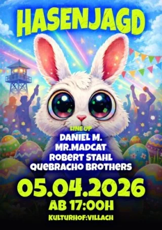 Hasenjagd - Ostern im Kulturhofkeller

Lineup und Details findet ihr unter https://www.m4uc.at/event/hasenjagd/

#DanielM. #Hasenjagd #MelodicHouse #Mr.Madcat #Ostern #QuebrachoBrothers #House #Kulturhofkeller #RobertStahl #Techhouse #Techno