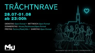 🎉 SAVE THE DATE: TRÅCHTNRAVE 2025 🎶 Villach zieht die Lederhosen an – der legendäre Tråchtenrave ist zurück! 📅 28. Juli – 01. August 📍 Kulturhof Villach, Lederergasse 15
🚧 TECHNO, AFRO BEATS, HOUSE, TRASH, HITS
✨ Ab 23:00h im Keller. 🎵 Fette Beats, trachtige Styles und talentierte Dj´s warten auf euch!
Ob Dirndl oder Sneaker – Hauptsache ready to RAVE!
Indoor: 23:00-3:45
🔥 Don’t miss it! 🔥